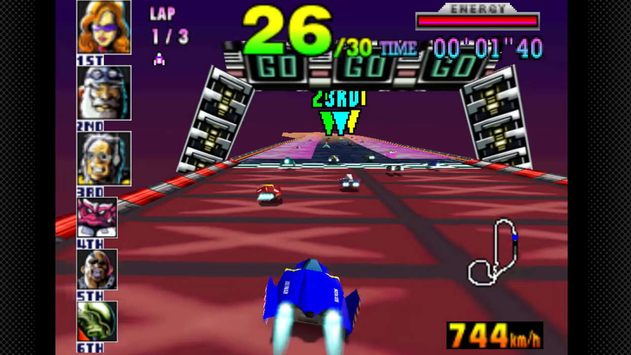 Captura de pantalla de F-Zero X mostrando una carrera en Mute City